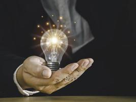 Hand of businessman holding light bulb with fire spark shine glitter for new idea with innovation and inspiration, communication and technology in science concept. photo