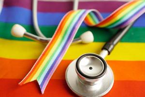 LGBT symbol, Stethoscope with rainbow ribbon, rights and gender equality, LGBT Pride Month in June. photo