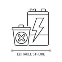 No battery disposal linear icon. Hazardous chemicals leak prevention. Reuse old accumulators. Thin line customizable illustration. Contour symbol. Vector isolated outline drawing. Editable stroke