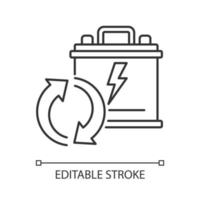 Recyclable lead-acid batteries linear icon. Car accumumlator recycling. Rechargeable energy cell. Thin line customizable illustration. Contour symbol. Vector isolated outline drawing. Editable stroke