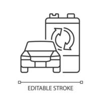 Recyclable EV battery linear icon. Electric vehicle accumulator reuse. E-waste processing. Thin line customizable illustration. Contour symbol. Vector isolated outline drawing. Editable stroke