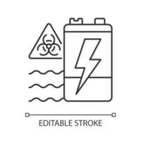 Battery water contamination threat linear icon. Hazardous chemicals leak. Groundwater pollution. Thin line customizable illustration. Contour symbol. Vector isolated outline drawing. Editable stroke