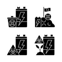 Improper battery disposal black glyph icons set on white space. E-waste prohibited landfill. Environment pollution. Accumulator toxicity and harm. Silhouette symbols. Vector isolated illustration