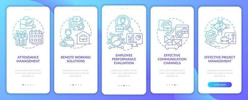 Monitoreo de empleados profesionales que incorporan la pantalla de la página de la aplicación móvil. tutorial de seguimiento de trabajo instrucciones gráficas de 5 pasos con conceptos. ui, ux, plantilla vectorial gui con ilustraciones en color lineal vector