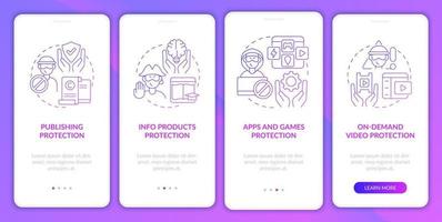 pantalla de la página de la aplicación móvil de incorporación de la protección de los derechos de los autores. tutorial en video a pedido instrucciones gráficas de 4 pasos con conceptos. ui, ux, plantilla vectorial gui con ilustraciones en color lineal vector