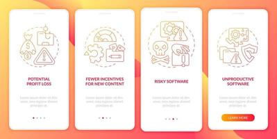 Issues of digital piracy onboarding mobile app page screen. Unproductive software walkthrough 4 steps graphic instructions with concepts. UI, UX, GUI vector template with linear color illustrations