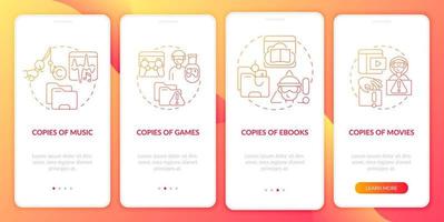 Illegal copying onboarding mobile app page screen. Illegal copies of games walkthrough 4 steps graphic instructions with concepts. UI, UX, GUI vector template with linear color illustrations