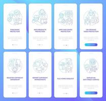 Intellectual property protection onboarding mobile app page screen set. Ownership walkthrough 4 steps graphic instructions with concepts. UI, UX, GUI vector template with linear color illustrations