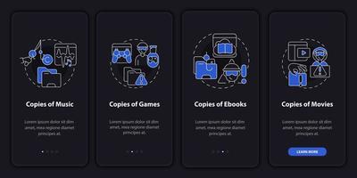 infracción de derechos de autor al incorporar la pantalla de la página de la aplicación móvil. copias del tutorial de videojuegos 4 pasos instrucciones gráficas con conceptos. ui, ux, plantilla vectorial gui con ilustraciones lineales en modo nocturno vector