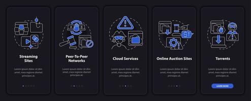 Sources of pirated content onboarding mobile app page screen. Cloud services walkthrough 5 steps graphic instructions with concepts. UI, UX, GUI vector template with linear night mode illustrations