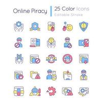 Online piracy RGB color icons set. Theft prevention. Technical issues. Copyright infringement. Security risks. Isolated vector illustrations. Simple filled line drawings collection. Editable stroke