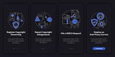 Protección contra la piratería en la pantalla de la página de la aplicación móvil. archivo dmca solicitud tutorial 4 pasos instrucciones gráficas con conceptos. ui, ux, plantilla vectorial gui con ilustraciones lineales en modo nocturno vector