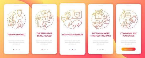 Abuse at work onboarding mobile app page screen. Stressful and exhausting job walkthrough 5 steps graphic instructions with concepts. UI, UX, GUI vector template with linear color illustrations