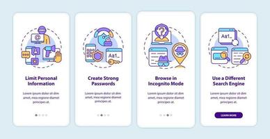 Consejos de seguridad de búsqueda en Internet para incorporar la pantalla de la página de la aplicación móvil. tutorial de protección de datos ocho cuatro instrucciones gráficas con conceptos. ui, ux, plantilla vectorial gui con ilustraciones en color lineal vector