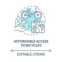 Affordable access to bicycles blue concept icon. Bike sharing goal abstract idea thin line illustration. Accessible option. Low-cost opportunity. Vector isolated outline color drawing. Editable stroke