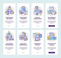 Protecting privacy online tips set onboarding mobile app page screen. Safe data walkthrough eight steps graphic instructions with concepts. UI, UX, GUI vector template with linear color illustrations