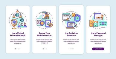 Personal data protection tips onboarding mobile app page screen. Internet safety walkthrough four steps graphic instructions with concepts. UI, UX, GUI vector template with linear color illustrations