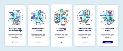 privacidad en la pantalla de la página de la aplicación móvil de incorporación de consejos de Internet. tutorial de protección de la información instrucciones gráficas de cinco pasos con conceptos. ui, ux, plantilla vectorial gui con ilustraciones en color lineal vector