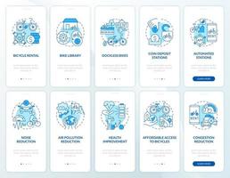 Bicycle and scooter sharing onboarding mobile app page screen set. Rented vehicles walkthrough 5 steps graphic instructions with concepts. UI, UX, GUI vector template with linear color illustrations