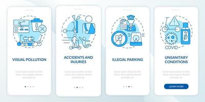 Scooter sharing issues onboarding mobile app page screen. Visual clutter walkthrough 4 steps graphic instructions with concepts. UI, UX, GUI vector template with linear color illustrations