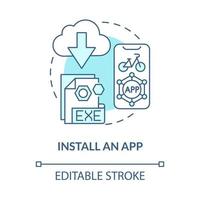 instalar el icono de concepto azul de la aplicación. uso compartido de bicicletas idea abstracta ilustración de línea delgada. esquema de uso compartido sin muelle. Rutas en bicicleta de montaña. dibujo de color de contorno aislado vectorial. trazo editable vector