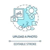 Upload photo blue concept icon. Bike sharing usage abstract idea thin line illustration. Maintain good e-bike state. Bike damages absence. Vector isolated outline color drawing. Editable stroke