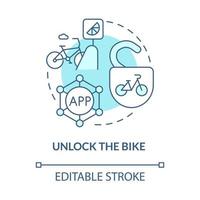 Unlock bike blue concept icon. Bike sharing usage abstract idea thin line illustration. Rental system. Using smartphone for unlocking. Vector isolated outline color drawing. Editable stroke