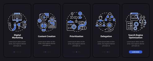 Online business skills onboarding mobile app page screen. Content creation walkthrough 5 steps graphic instructions with concepts. UI, UX, GUI vector template with linear night mode illustrations