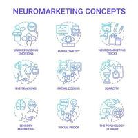 Commercial neuroscience concept icons set. Marketing psychological tools. Consumer emotions research. Customer behavior tracking idea thin line color illustrations. Vector isolated outline drawings