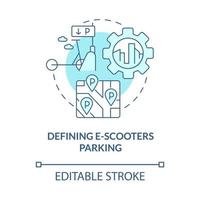 Defining e-scooters parking blue concept icon. Scooter sharing regulation abstract idea thin line illustration. Parking correctness. Vector isolated outline color drawing. Editable stroke