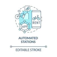 Automated stations blue concept icon. Bicycle sharing category abstract idea thin line illustration. Using smartphone app. Third generation. Vector isolated outline color drawing. Editable stroke