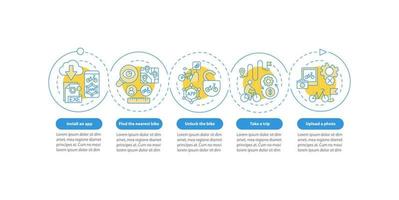 Bicycle share usage vector infographic template. Unlock bike presentation outline design elements. Data visualization with 5 steps. Process timeline info chart. Workflow layout with line icons