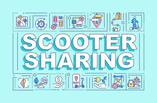 Scooter sharing word concepts banner. Micromobility option. Infographics with linear icons on turquoise background. Isolated creative typography. Vector outline color illustration with text
