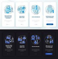 Family support onboarding mobile app page screen. Help with baby care walkthrough 4 steps graphic instructions with concepts. UI, UX, GUI vector template with linear night and day mode illustrations