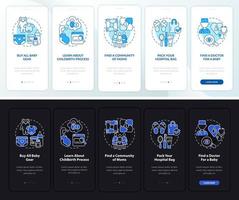 pantalla de la página de la aplicación móvil de incorporación del bebé que espera. compre todo el tutorial de artículos para bebés, instrucciones gráficas de 5 pasos con conceptos. ui, ux, plantilla vectorial gui con ilustraciones lineales en modo día y noche vector