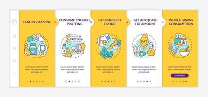 Nutrition during pregnancy onboarding vector template. Responsive mobile website with icons. Web page walkthrough 5 step screens. Offering massage color concept with linear illustrations