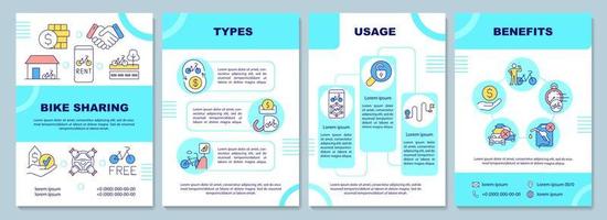 plantilla de folleto para compartir bicicletas. categorización y uso. folleto, folleto, impresión de folleto, diseño de portada con iconos lineales. diseños vectoriales para presentaciones, informes anuales, páginas de publicidad vector