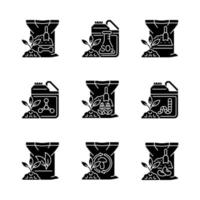 Natural fertilizers black glyph icons set on white space. Organic additives for ground and plants. Growth and thrive increasing. Feeding, supplement. Silhouette symbols. Vector isolated illustration