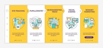 Neuromarketing tricks onboarding vector template. Responsive mobile website with icons. Web page walkthrough 5 step screens. Facial expressions coding color concept with linear illustrations