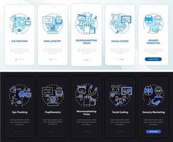 Neuromarketing methods onboarding mobile app page screen. Facial coding walkthrough 5 steps graphic instructions with concepts. UI, UX, GUI vector template with linear night and day mode illustrations