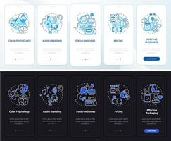 Neuromarketing cases onboarding mobile app page screen. Audio branding walkthrough 5 steps graphic instructions with concepts. UI, UX, GUI vector template with linear night and day mode illustrations