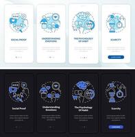 Neuromarketing canons onboarding mobile app page screen. Social proof walkthrough 4 steps graphic instructions with concepts. UI, UX, GUI vector template with linear night and day mode illustrations