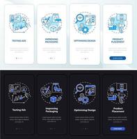 Usage of neuroscience onboarding mobile app page screen. Design testing walkthrough 4 steps graphic instructions with concepts. UI, UX, GUI vector template with linear night and day mode illustrations