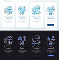 Internal business growth dark, light onboarding mobile app page screen. Walkthrough 4 steps graphic instructions with concepts. UI, UX, GUI vector template with linear night and day mode illustrations