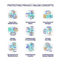 Protecting privacy online concept icons set. Personal data internet safety idea thin line color illustrations. Tips to save information from hackers. Vector isolated outline drawings