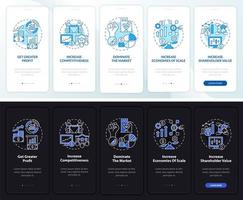 importancia de la pantalla de la página de la aplicación móvil de incorporación oscura y clara de expansión. tutorial 5 pasos instrucciones gráficas con conceptos. ui, ux, plantilla vectorial gui con ilustraciones lineales en modo día y noche vector