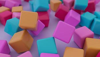 Closeup bokeh floating cubes background. Abstract colorful 3d render modern background photo