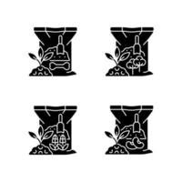 Organic supplements black glyph icons set on white space. Natural fertilizers for ground. Plants growth and thrive increasing. Dry additive. Silhouette symbols. Vector isolated illustration