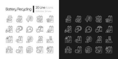 Battery recycling linear icons set for dark and light mode. Accumulator reuse. Electronic waste recovery. Customizable thin line symbols. Isolated vector outline illustrations. Editable stroke