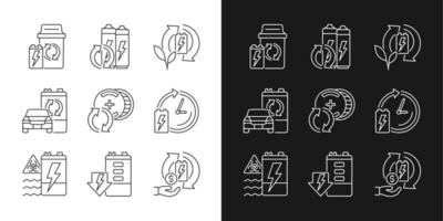 iconos lineales de procesamiento de batería establecidos para modo oscuro y claro. reutilización de acumuladores. tecnología de reciclaje. símbolos de línea fina personalizables. ilustraciones aisladas de contorno vectorial. trazo editable vector